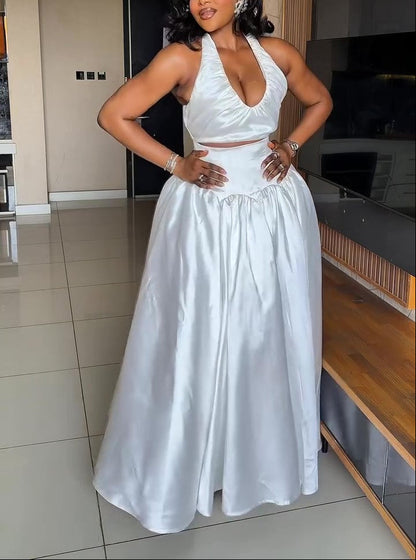 Satin Halter Cutout Waist Maxi Dress