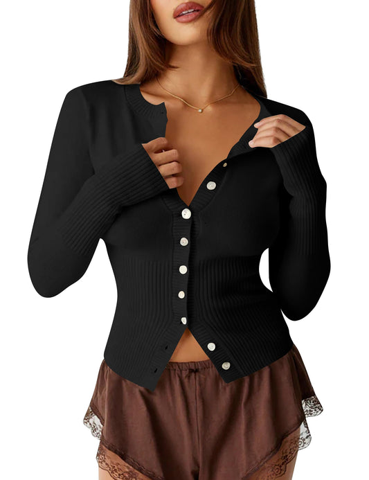 Short Button-down Ribbed Knit Cardigan Sweater