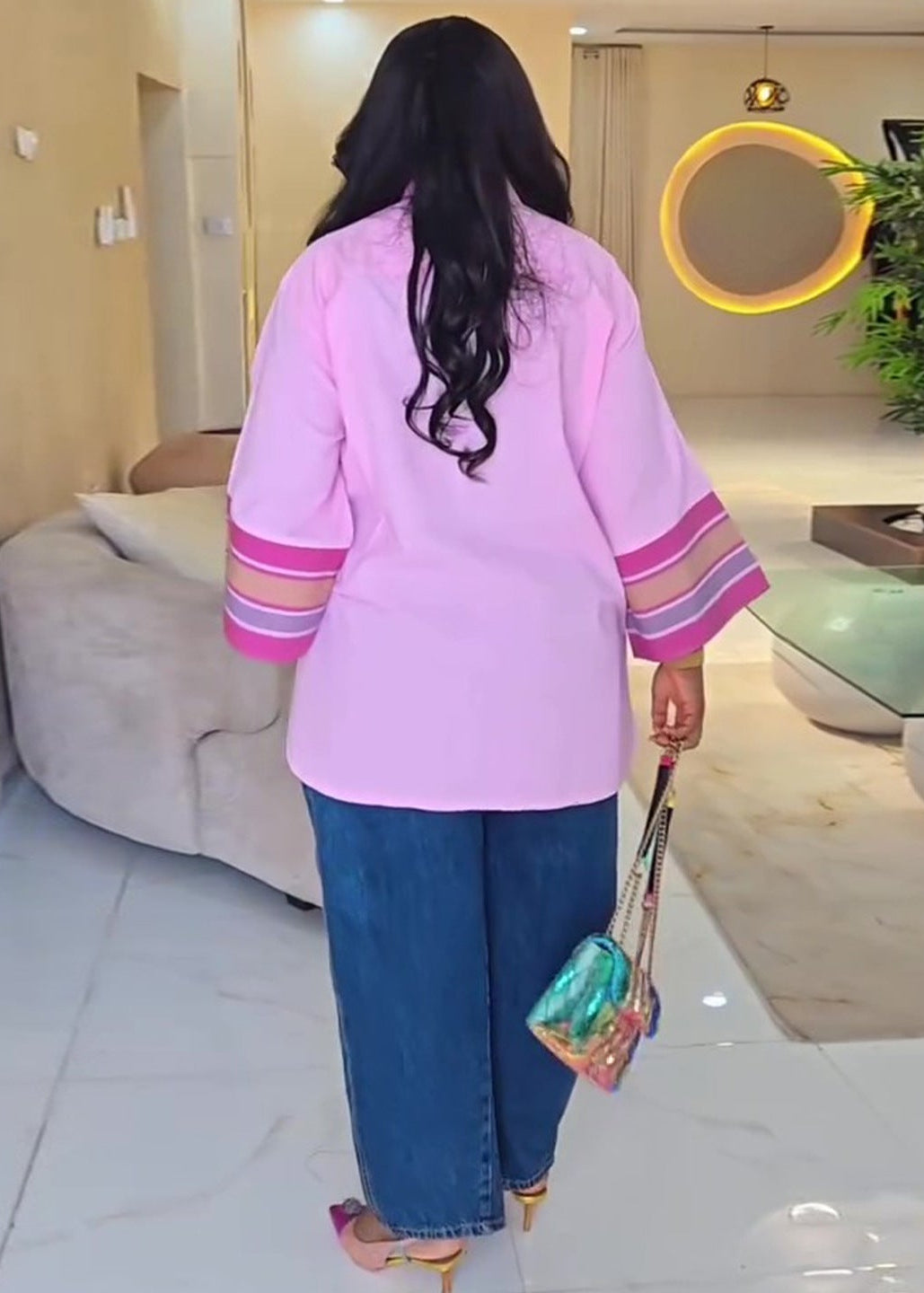 Plus Size Pink Striped Fringe Patchwork Blouse