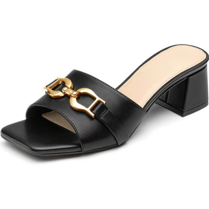 Square-toe Mid-heel Metal Buckle Sandals