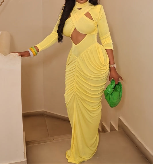 High Neck Cross Cutout Ruched Maxi Dress