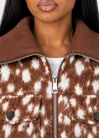 Fuzzy Printed Crop Zip Jacket