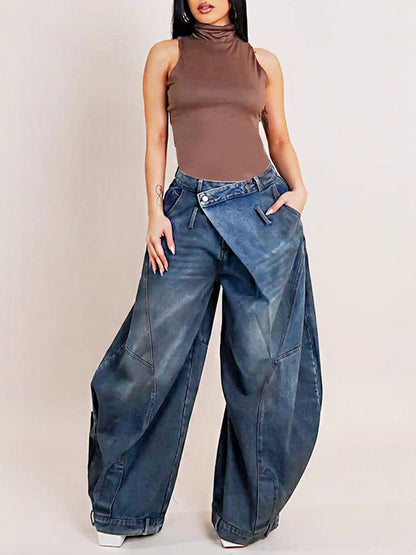 Women's Vintage-Wash Jeans with Fold-Over Waistband