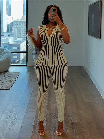 Striped Sleeveless Peplum Top & Flared Pants Set