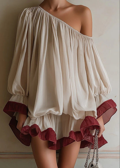 One-shoulder Color-block Chiffon Mini Dress
