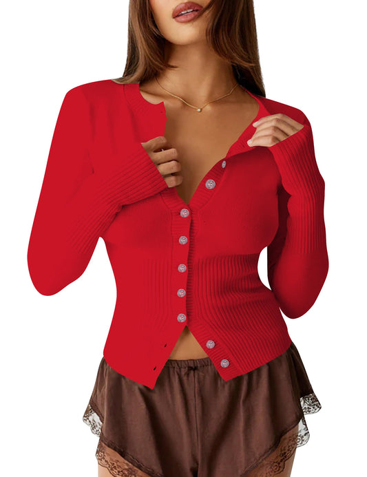 Short Button-down Ribbed Knit Cardigan Sweater