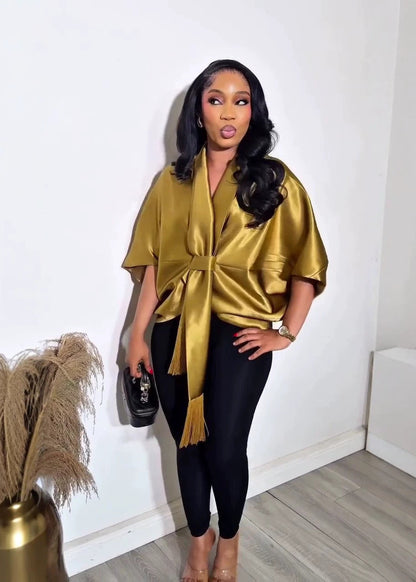 Satin Scarf-collar Short-sleeve Top