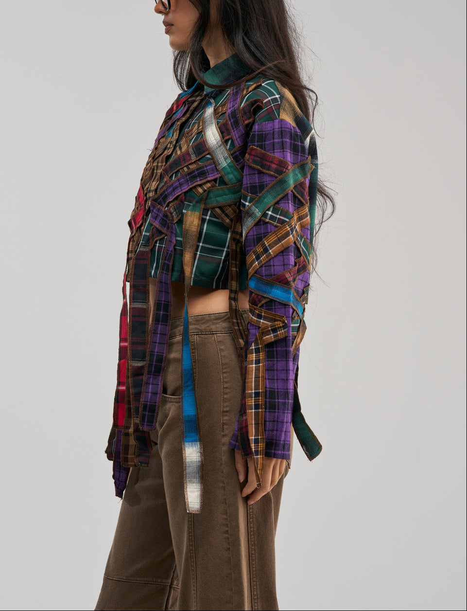 Patchwork Plaid Fringe Ribbon Cropped Button‑Down Shirt
