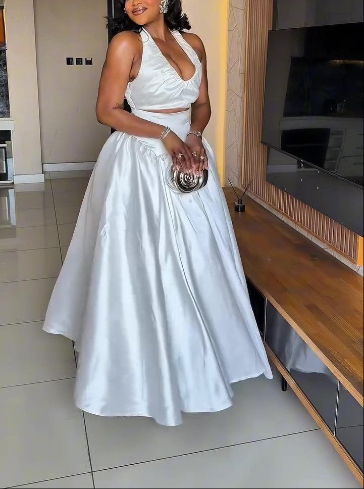 Satin Halter Cutout Waist Maxi Dress