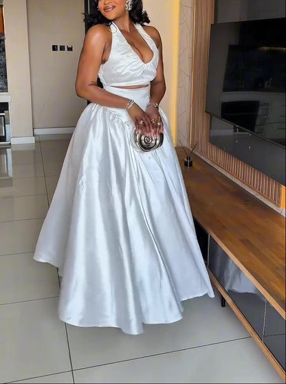 Satin Halter Cutout Waist Maxi Dress