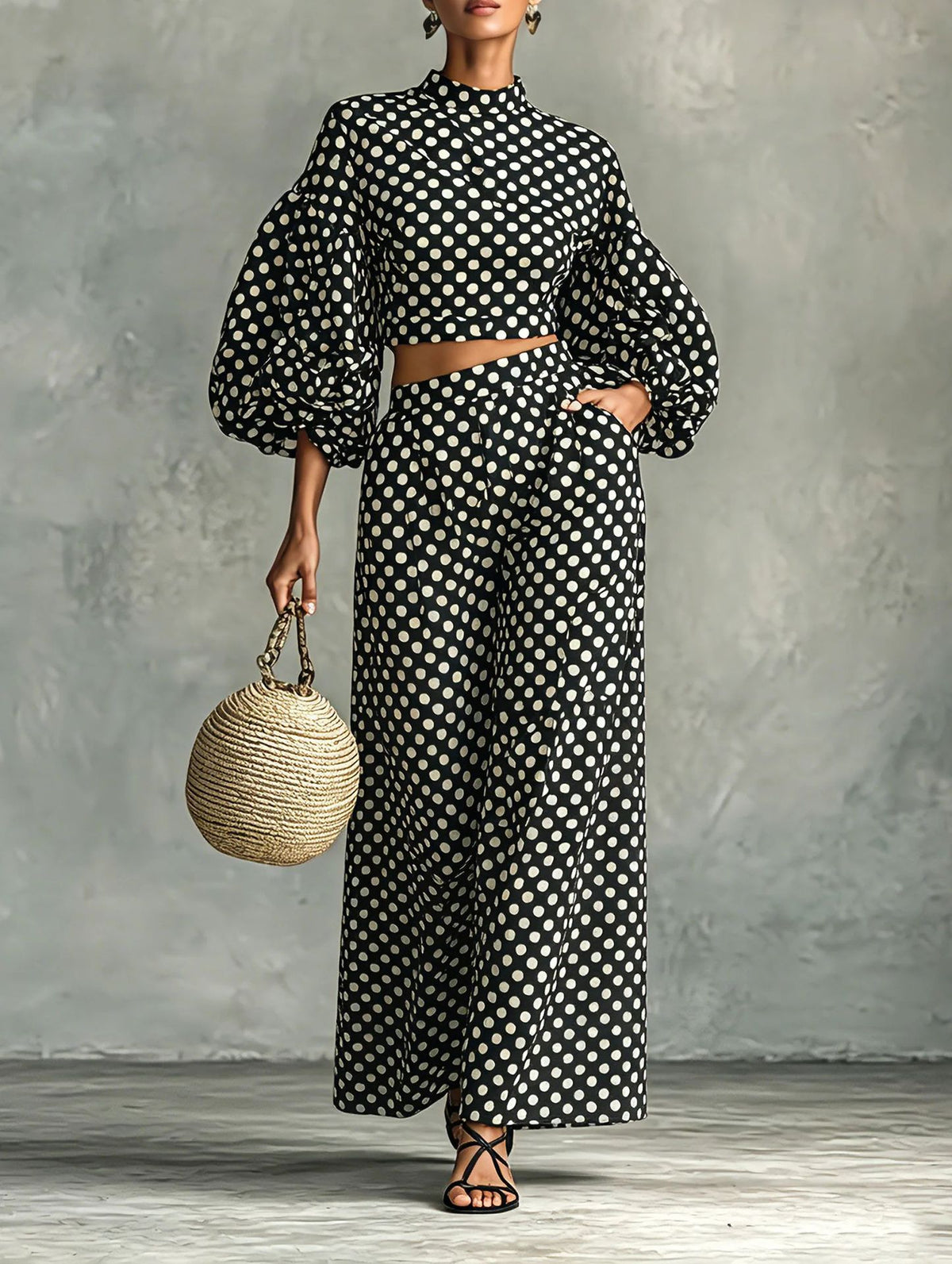 Elegant polka Dot Lantern Sleeve Two-piece Set
