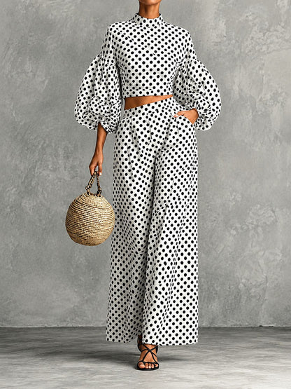Elegant polka Dot Lantern Sleeve Two-piece Set