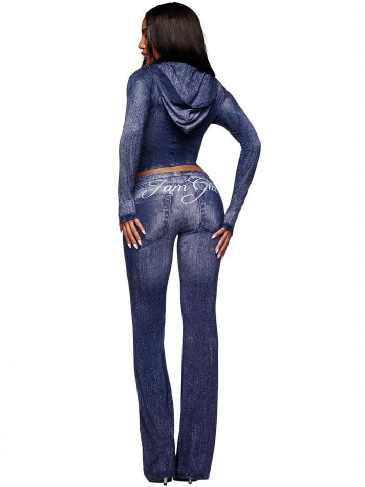 Faux Denim Print Sexy Open Neck Two-piece Set