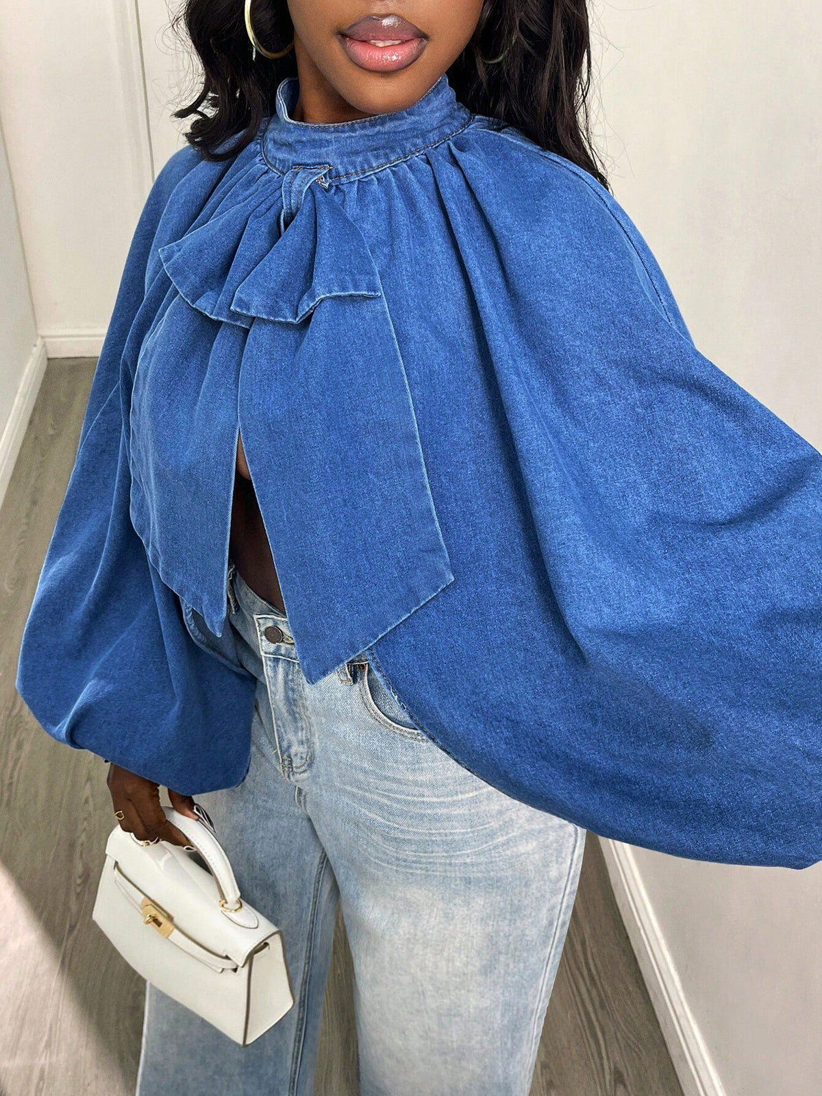 Balloon Sleeve Cutout Back Denim Crop Top