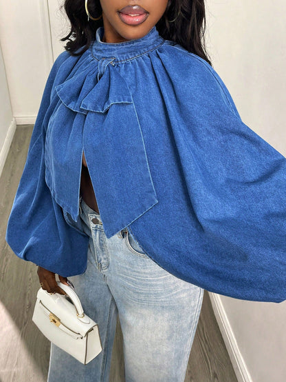 Balloon Sleeve Cutout Back Denim Crop Top