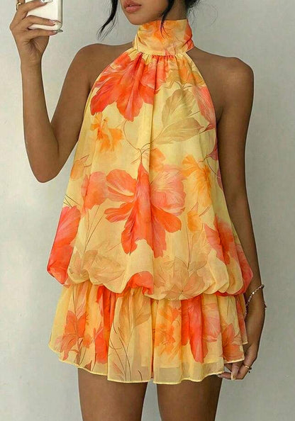 Floral Halter Backless Tiered Chiffon Mini Dress