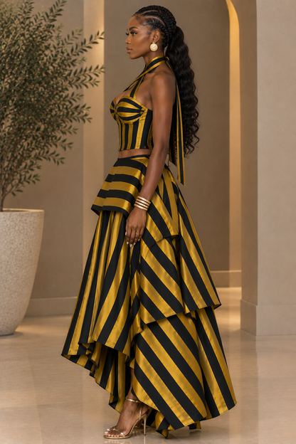 Striped Print Patchwork Ruffle Set