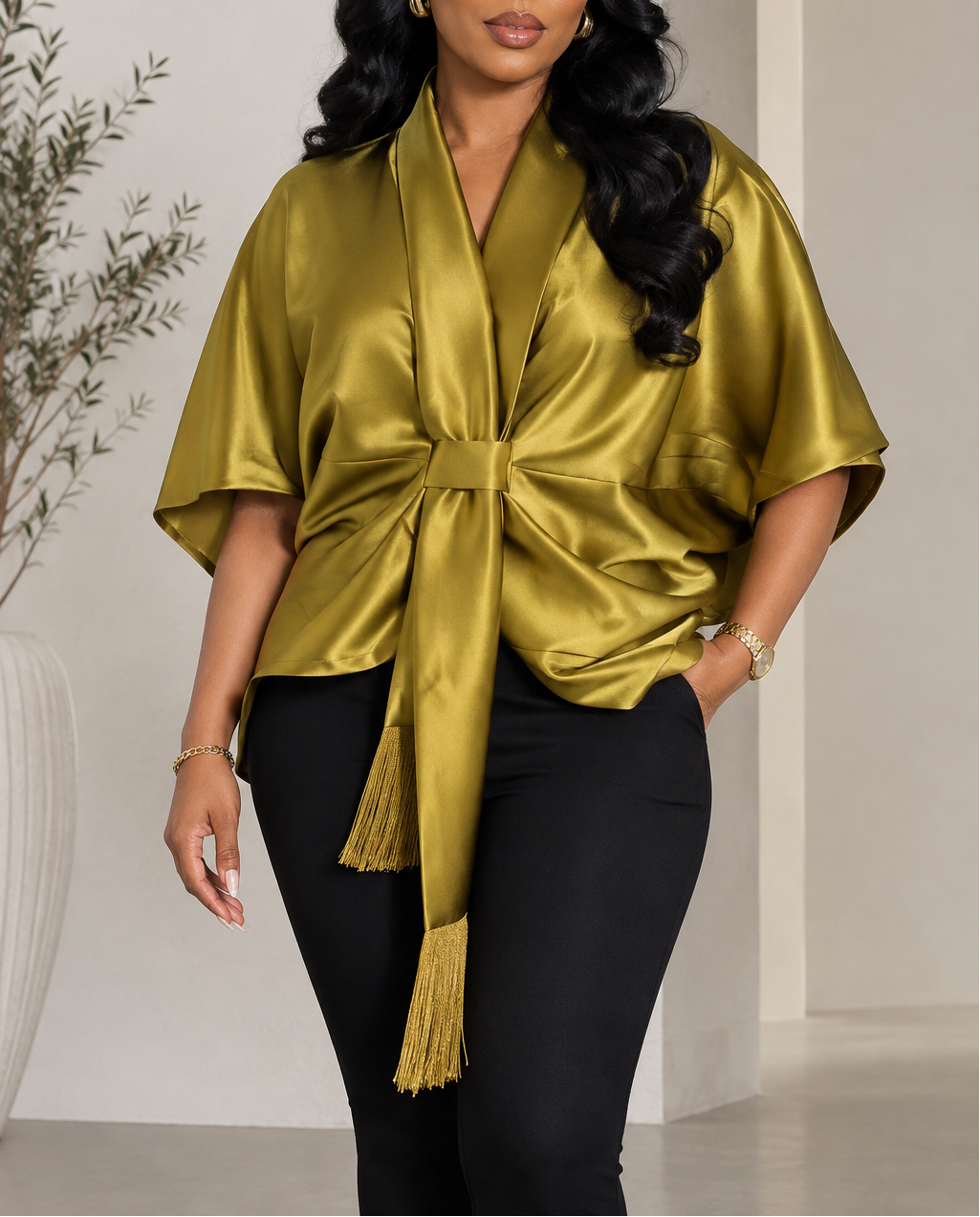 Satin Scarf-collar Short-sleeve Top