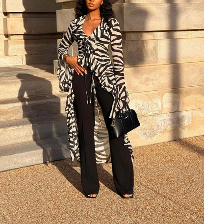 Zebra Print Ruffle High‑Low Kimono Top
