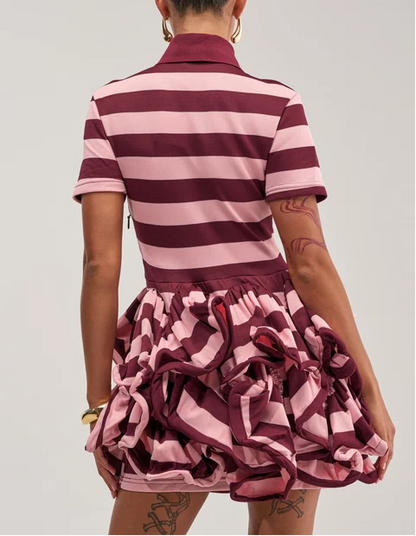Striped Polo 3D Ruffle Mini Dress