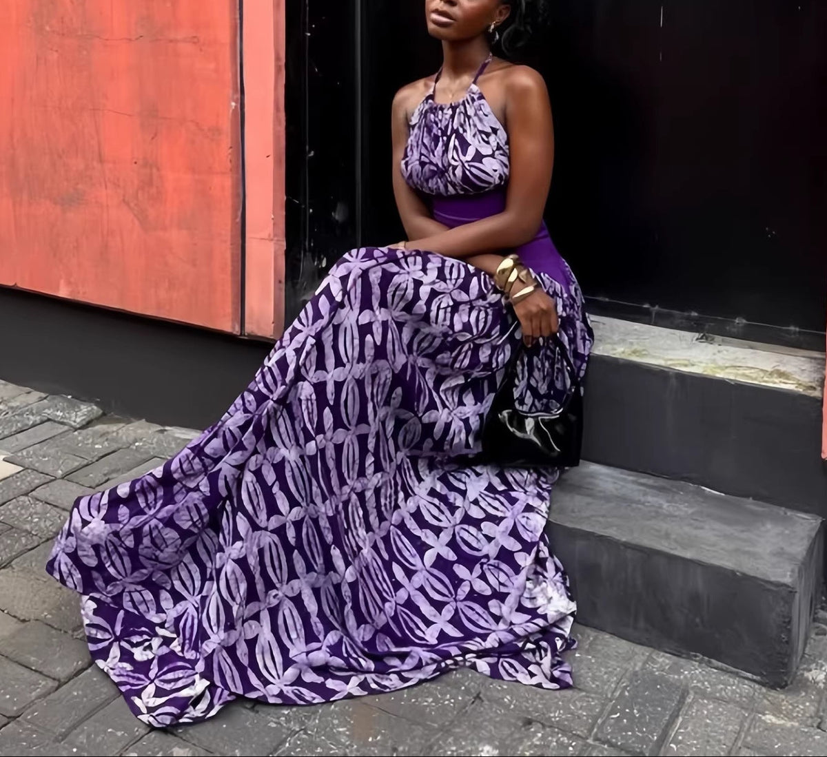 Halter Mixed Print Flowy Maxi Dress