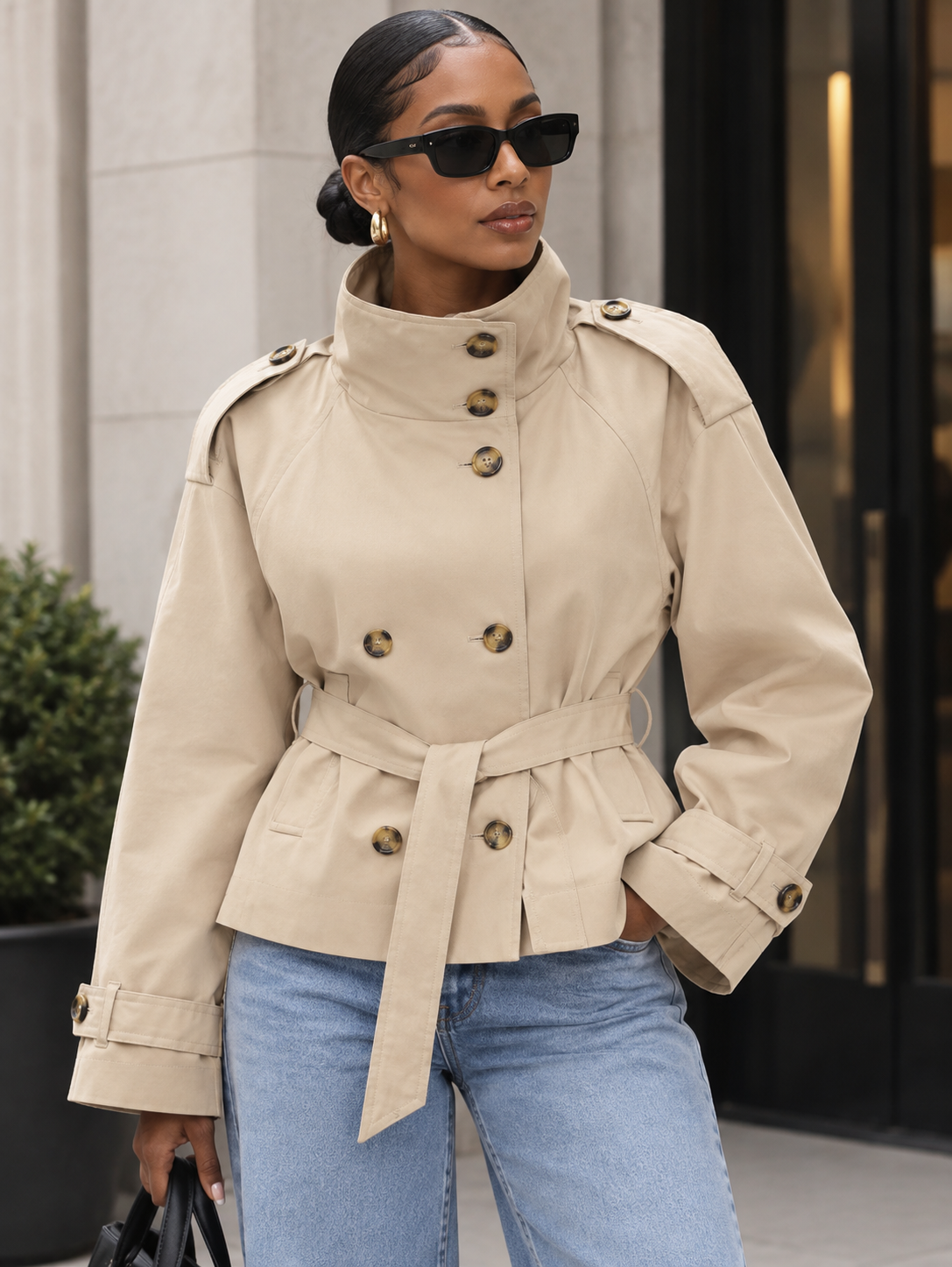 Stand Collar Double-Breasted Trench