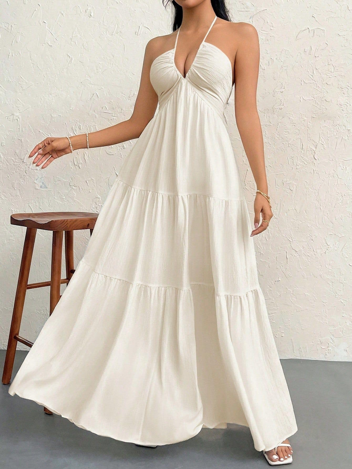 Halter Backless Bow Tiered Flowy Maxi Dress