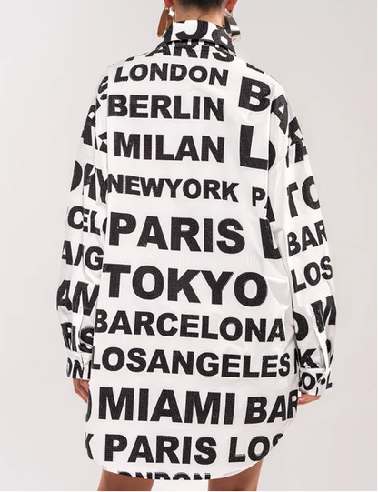 City Letter Print Oversized Shirt Mini Dress