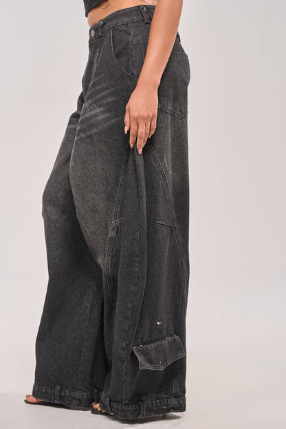 Retro Pleated Washed Curved Jeans