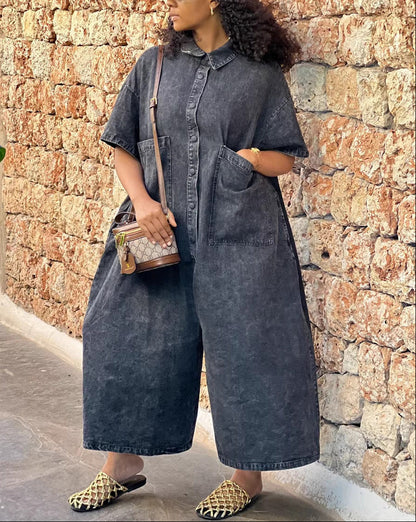 Single-breasted Loose-fit Denim Jumpsuit