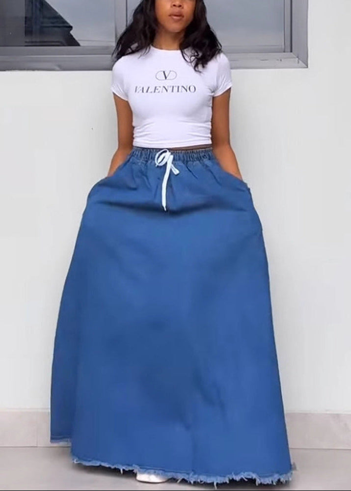 Drawstring Elastic Waist Frayed Hem Denim Maxi Skirt