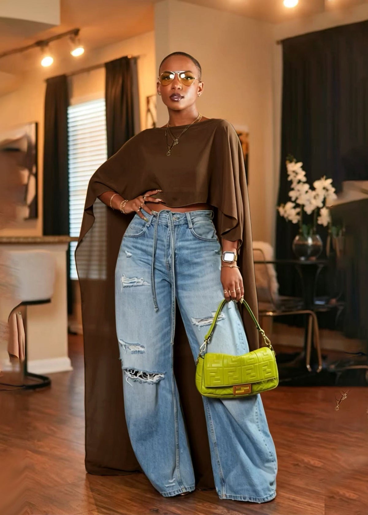 Mesh Batwing-Sleeve Cape