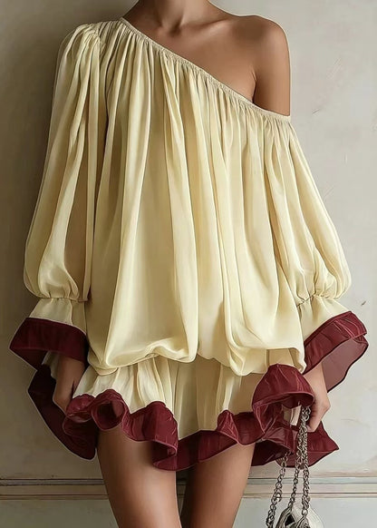 One-shoulder Color-block Chiffon Mini Dress