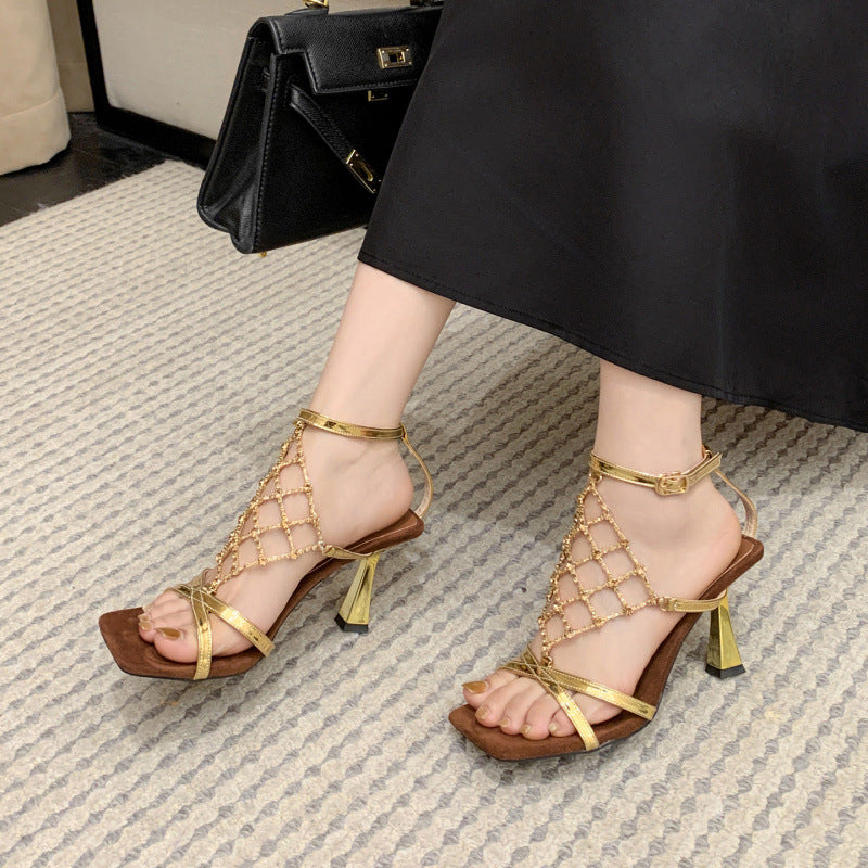 Rhinestone Mesh Square Toe Heeled Sandals