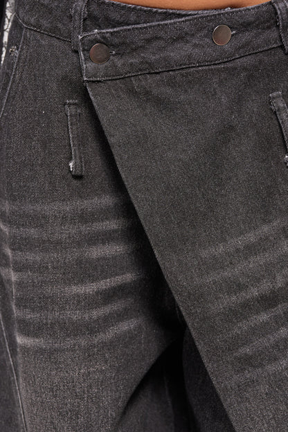 Retro Pleated Washed Curved Jeans
