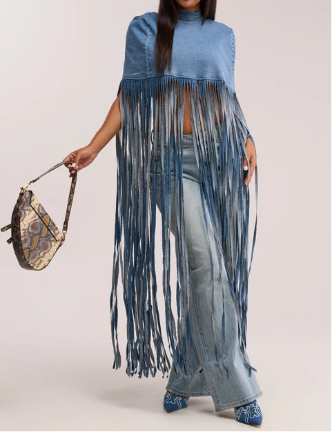 Long Fringe Denim Open‑Back Cape Top