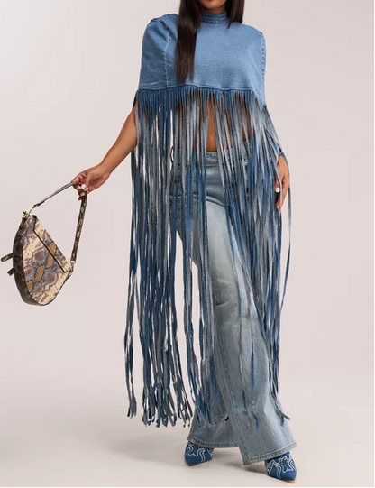 Long Fringe Denim Open‑Back Cape Top
