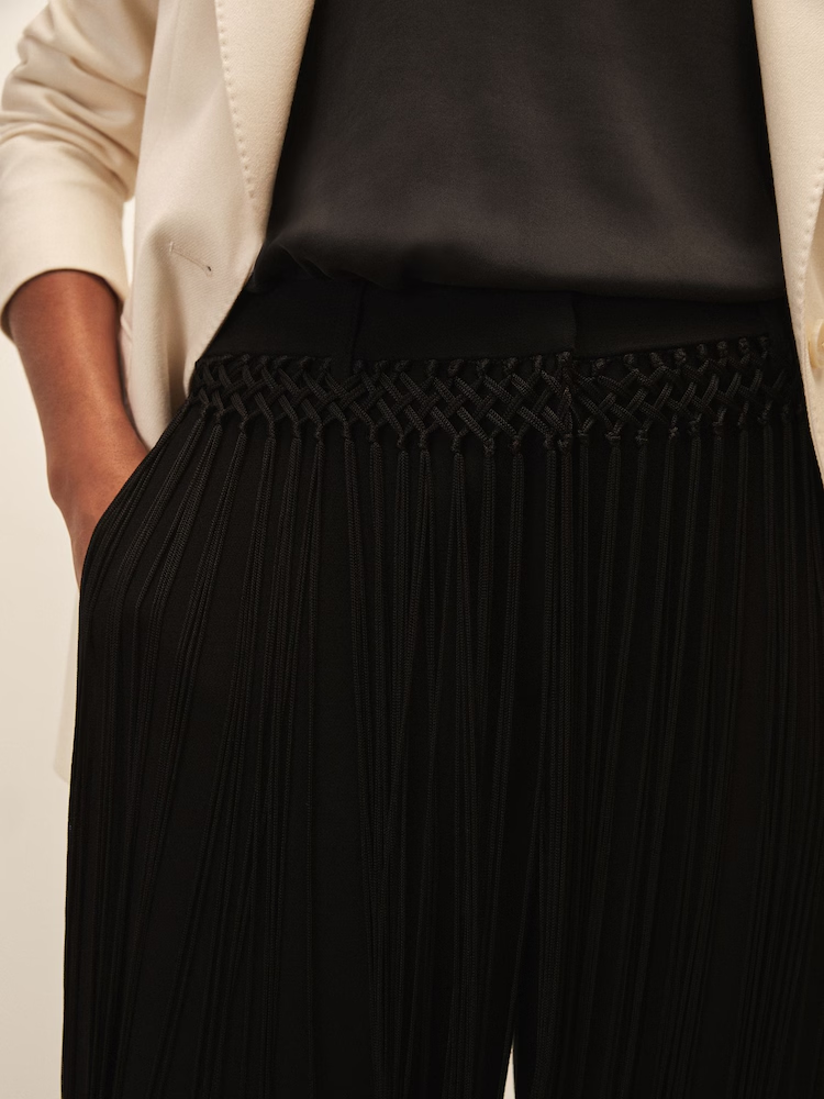 Black Fringe Wide‑Leg High Waist Pants