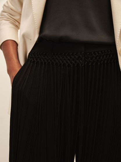 Black Fringe Wide‑Leg High Waist Pants