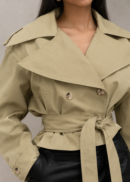 Lapel-collar Belted Cropped Trench Coat