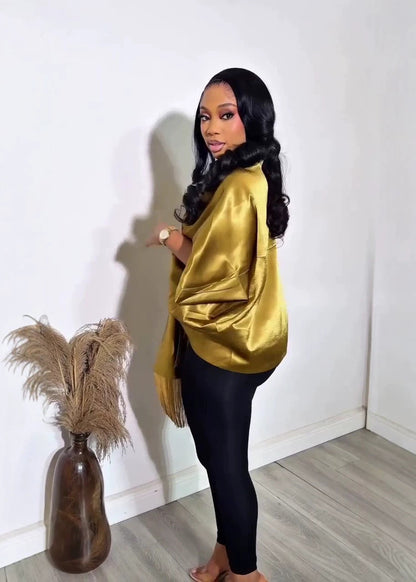Satin Scarf-collar Short-sleeve Top