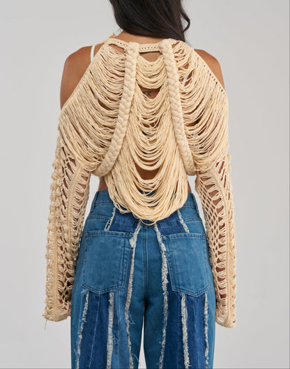 Braided Fringe Crochet Cold‑Shoulder Crop Top