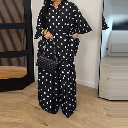 Stylish Casual Polka-Dot Shirt And Wide-Leg Pants Set