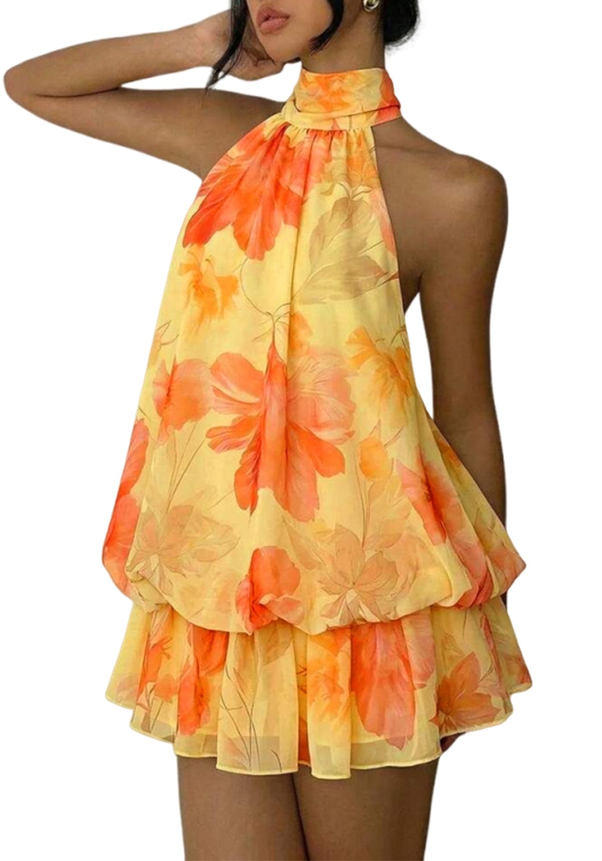 Floral Halter Backless Tiered Chiffon Mini Dress
