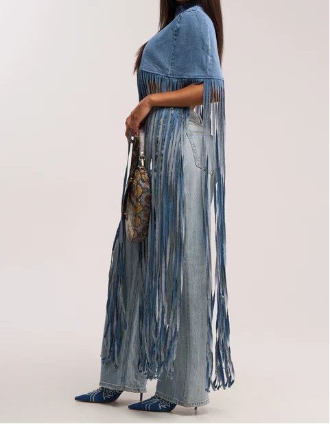 Long Fringe Denim Open‑Back Cape Top