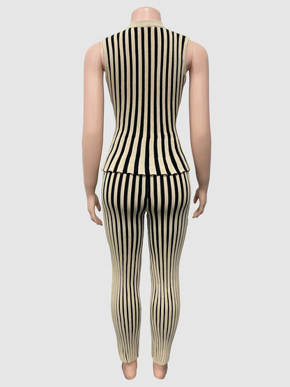 Striped Sleeveless Peplum Top & Flared Pants Set