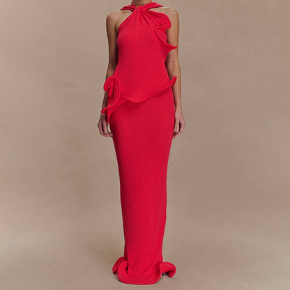 Halter Ruffle Bodycon Maxi Dress
