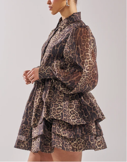 Leopard Tiered Ruffle Shirt Mini Dress