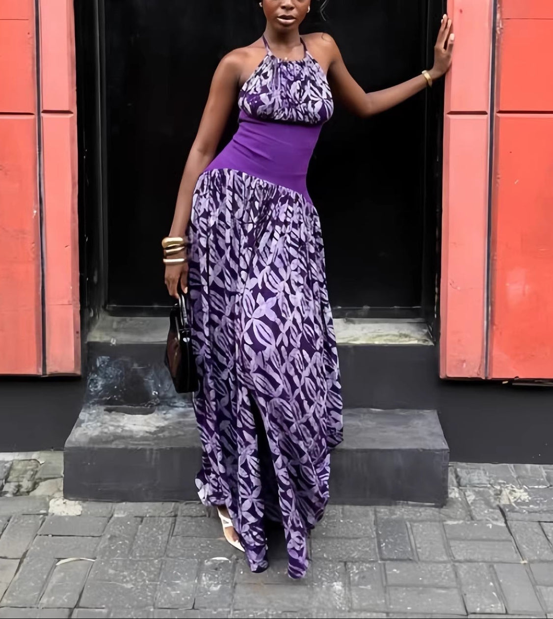 Halter Mixed Print Flowy Maxi Dress