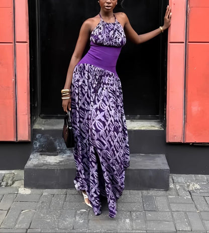 Halter Mixed Print Flowy Maxi Dress